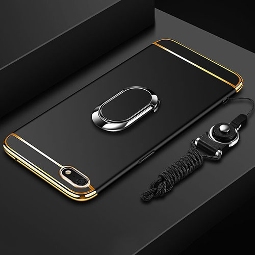 Luxury Metal Frame and Plastic Back Cover Case with Finger Ring Stand and Lanyard for Huawei Enjoy 8e Lite Black