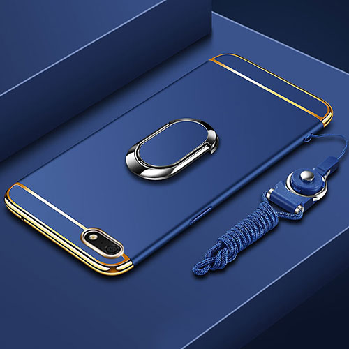 Luxury Metal Frame and Plastic Back Cover Case with Finger Ring Stand and Lanyard for Huawei Enjoy 8e Lite Blue