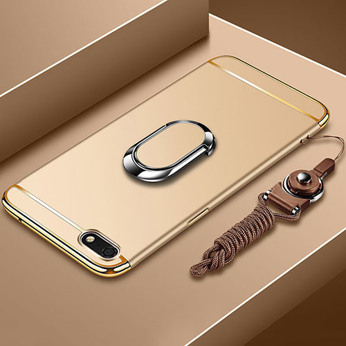 Luxury Metal Frame and Plastic Back Cover Case with Finger Ring Stand and Lanyard for Huawei Enjoy 8e Lite Gold