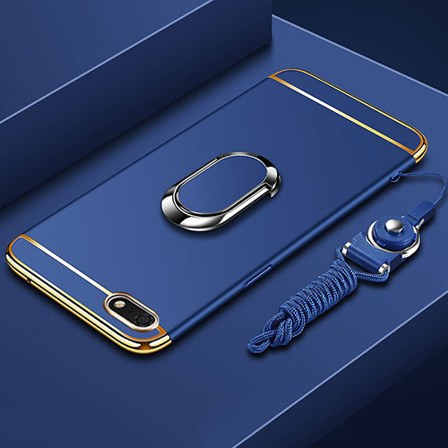 Luxury Metal Frame and Plastic Back Cover Case with Finger Ring Stand and Lanyard for Huawei Honor 7S Blue