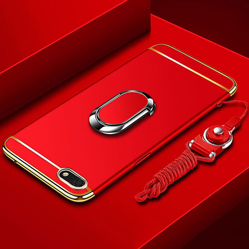 Luxury Metal Frame and Plastic Back Cover Case with Finger Ring Stand and Lanyard for Huawei Honor 7S Red
