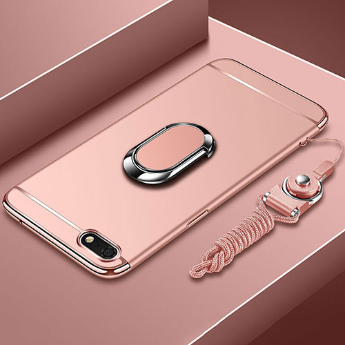 Luxury Metal Frame and Plastic Back Cover Case with Finger Ring Stand and Lanyard for Huawei Honor 7S Rose Gold