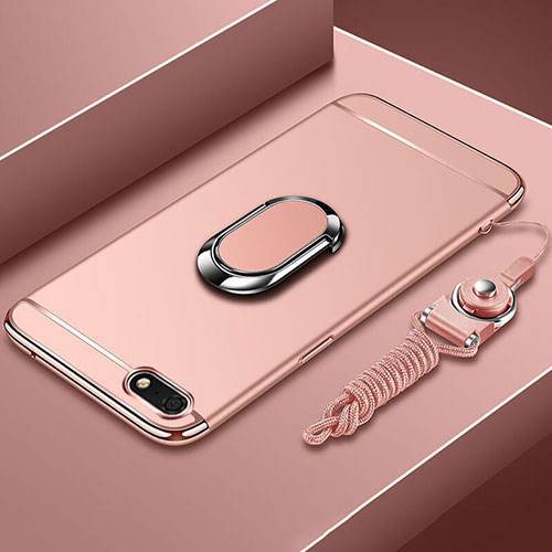 Luxury Metal Frame and Plastic Back Cover Case with Finger Ring Stand and Lanyard for Huawei Honor Play 7 Rose Gold