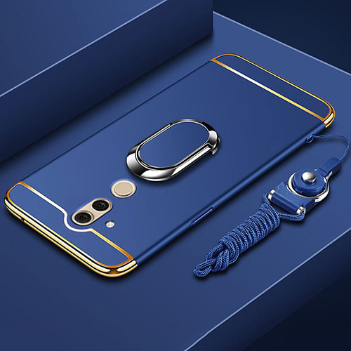 Luxury Metal Frame and Plastic Back Cover Case with Finger Ring Stand and Lanyard for Huawei Mate 20 Lite Blue