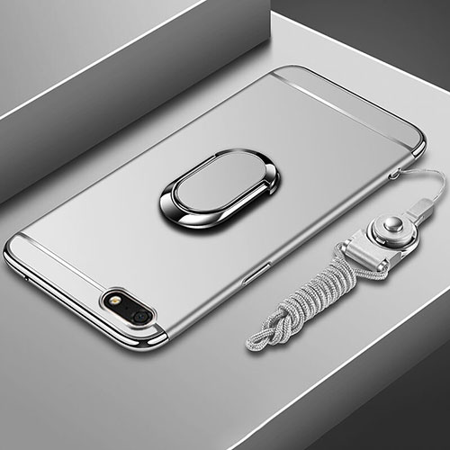 Luxury Metal Frame and Plastic Back Cover Case with Finger Ring Stand and Lanyard for Huawei Y5 Prime (2018) Silver