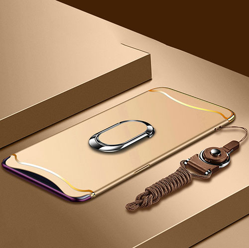 Luxury Metal Frame and Plastic Back Cover Case with Finger Ring Stand and Lanyard for Oppo Find X Gold