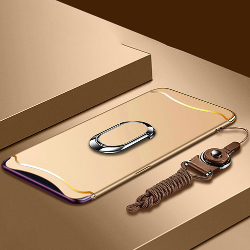 Luxury Metal Frame and Plastic Back Cover Case with Finger Ring Stand and Lanyard for Oppo Find X Super Flash Edition Gold