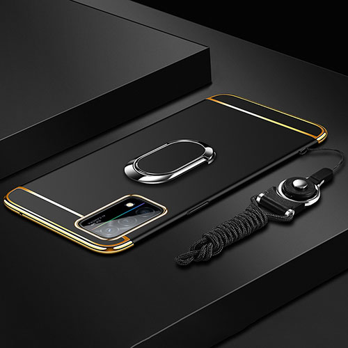 Luxury Metal Frame and Plastic Back Cover Case with Finger Ring Stand and Lanyard for Oppo K9 5G Black