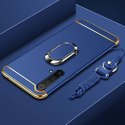 Luxury Metal Frame and Plastic Back Cover Case with Finger Ring Stand and Lanyard for Realme X3 SuperZoom Blue