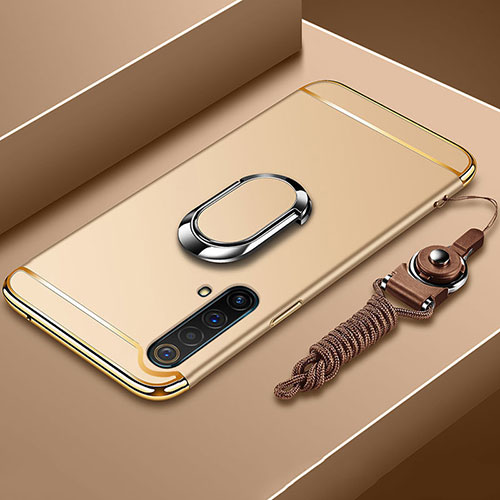 Luxury Metal Frame and Plastic Back Cover Case with Finger Ring Stand and Lanyard for Realme X3 SuperZoom Gold