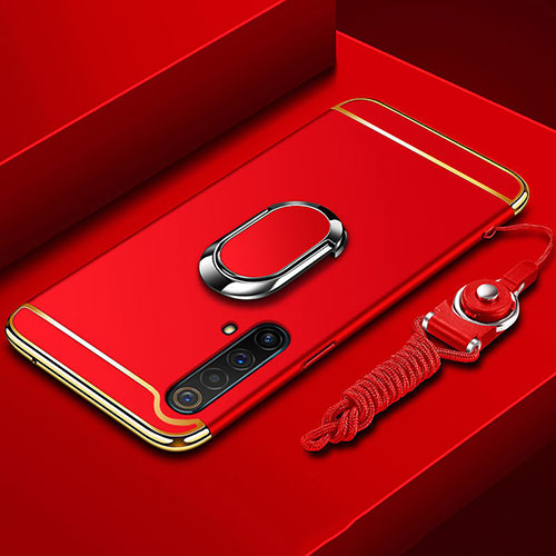 Luxury Metal Frame and Plastic Back Cover Case with Finger Ring Stand and Lanyard for Realme X3 SuperZoom Red