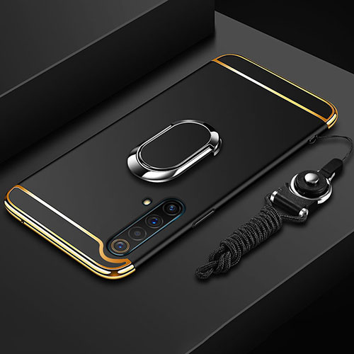 Luxury Metal Frame and Plastic Back Cover Case with Finger Ring Stand and Lanyard for Realme X50m 5G Black