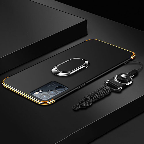 Luxury Metal Frame and Plastic Back Cover Case with Finger Ring Stand for Oppo Reno6 5G Black