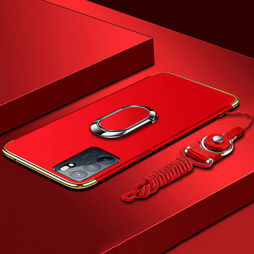 Luxury Metal Frame and Plastic Back Cover Case with Finger Ring Stand for Oppo Reno6 5G Red