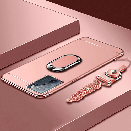 Luxury Metal Frame and Plastic Back Cover Case with Finger Ring Stand for Oppo Reno6 Pro 5G India Rose Gold