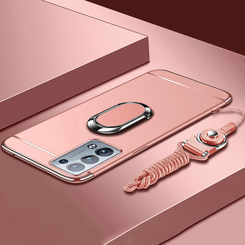 Luxury Metal Frame and Plastic Back Cover Case with Finger Ring Stand for Oppo Reno6 Pro 5G Rose Gold