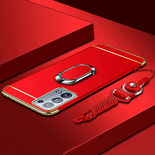 Luxury Metal Frame and Plastic Back Cover Case with Finger Ring Stand for Oppo Reno6 Pro+ Plus 5G Red