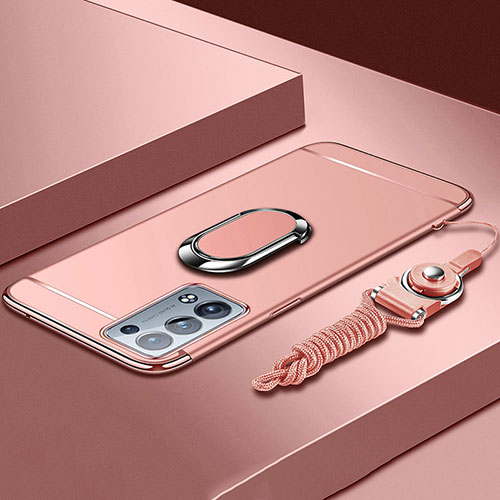 Luxury Metal Frame and Plastic Back Cover Case with Finger Ring Stand for Oppo Reno6 Pro+ Plus 5G Rose Gold