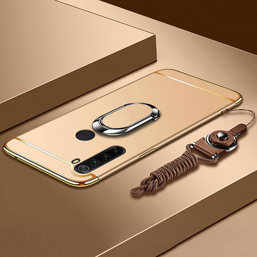 Luxury Metal Frame and Plastic Back Cover Case with Finger Ring Stand K01 for Xiaomi Redmi Note 8 (2021) Gold