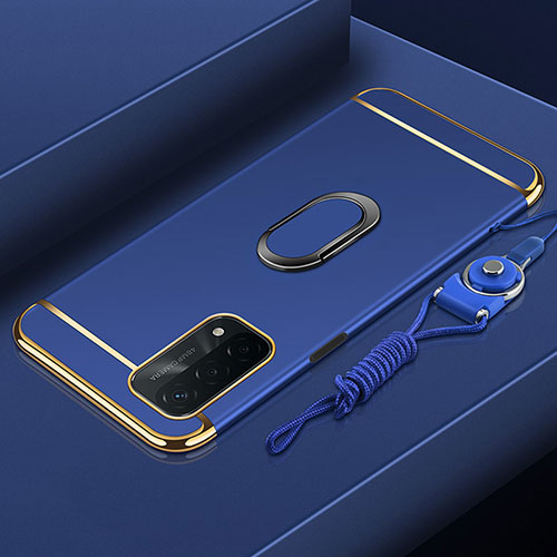 Luxury Metal Frame and Plastic Back Cover Case with Finger Ring Stand P01 for OnePlus Nord N200 5G Blue