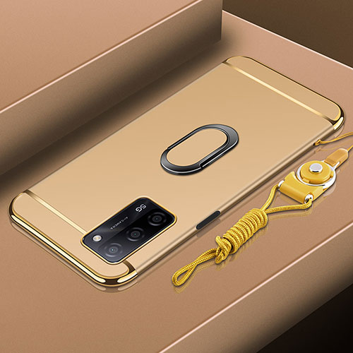 Luxury Metal Frame and Plastic Back Cover Case with Finger Ring Stand P01 for Oppo A53s 5G Gold