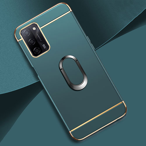 Luxury Metal Frame and Plastic Back Cover Case with Finger Ring Stand P02 for Oppo A56 5G Green