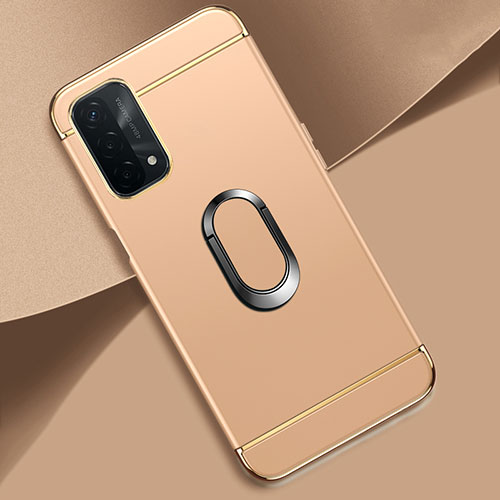 Luxury Metal Frame and Plastic Back Cover Case with Finger Ring Stand P02 for Oppo A93 5G Gold