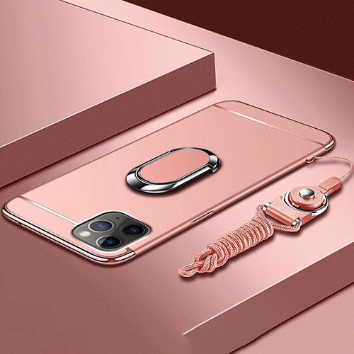 Luxury Metal Frame and Plastic Back Cover Case with Finger Ring Stand T01 for Apple iPhone 11 Pro Rose Gold