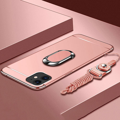 Luxury Metal Frame and Plastic Back Cover Case with Finger Ring Stand T01 for Apple iPhone 11 Rose Gold