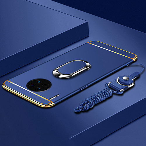 Luxury Metal Frame and Plastic Back Cover Case with Finger Ring Stand T01 for Huawei Mate 30 Pro 5G Blue