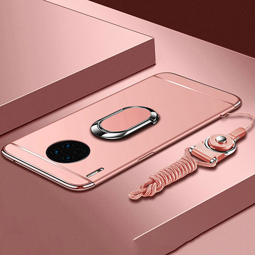 Luxury Metal Frame and Plastic Back Cover Case with Finger Ring Stand T01 for Huawei Mate 30 Pro 5G Rose Gold