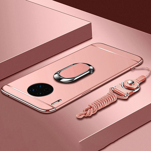 Luxury Metal Frame and Plastic Back Cover Case with Finger Ring Stand T01 for Huawei Mate 30E Pro 5G Rose Gold
