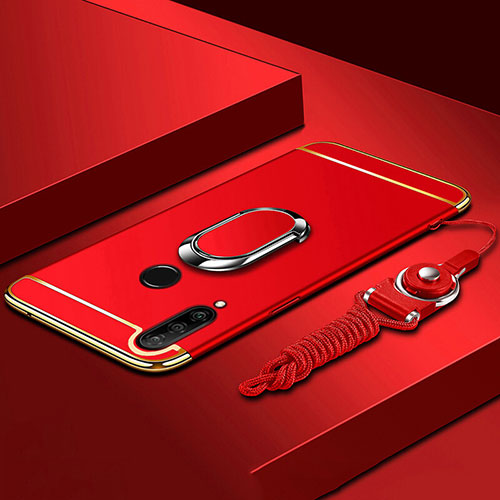 Luxury Metal Frame and Plastic Back Cover Case with Finger Ring Stand T01 for Huawei Nova 4e Red