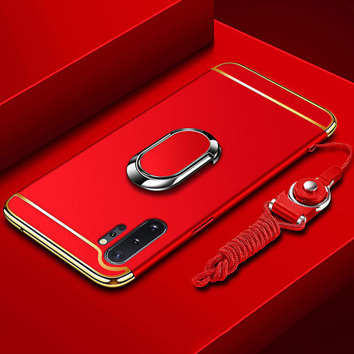 Luxury Metal Frame and Plastic Back Cover Case with Finger Ring Stand T01 for Samsung Galaxy Note 10 Plus 5G Red