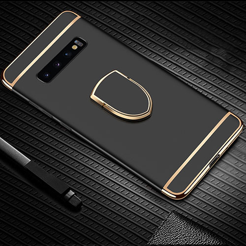 Luxury Metal Frame and Plastic Back Cover Case with Finger Ring Stand T01 for Samsung Galaxy S10 5G Black