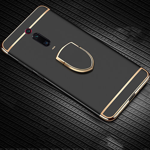 Luxury Metal Frame and Plastic Back Cover Case with Finger Ring Stand T01 for Xiaomi Mi 9T Pro Black