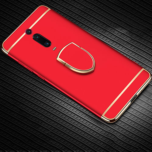 Luxury Metal Frame and Plastic Back Cover Case with Finger Ring Stand T01 for Xiaomi Mi 9T Pro Red