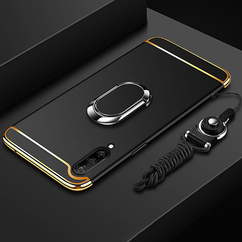 Luxury Metal Frame and Plastic Back Cover Case with Finger Ring Stand T01 for Xiaomi Mi A3 Black