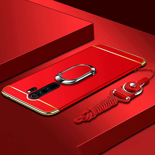 Luxury Metal Frame and Plastic Back Cover Case with Finger Ring Stand T01 for Xiaomi Redmi Note 8 Pro Red