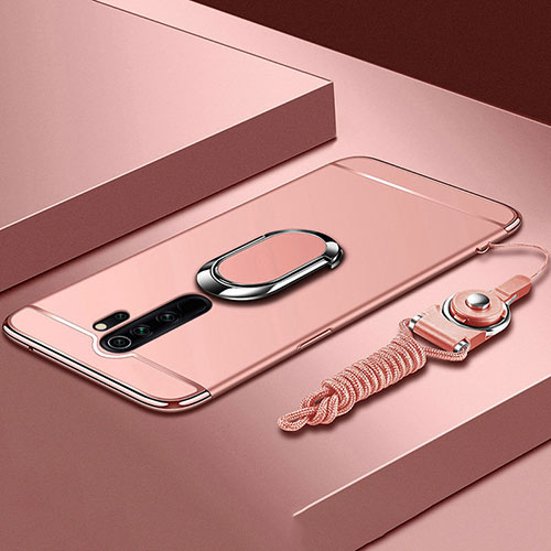 Luxury Metal Frame and Plastic Back Cover Case with Finger Ring Stand T01 for Xiaomi Redmi Note 8 Pro Rose Gold