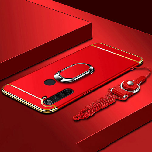 Luxury Metal Frame and Plastic Back Cover Case with Finger Ring Stand T01 for Xiaomi Redmi Note 8 Red