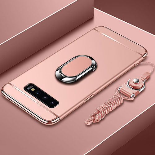 Luxury Metal Frame and Plastic Back Cover Case with Finger Ring Stand T02 for Samsung Galaxy S10 Rose Gold