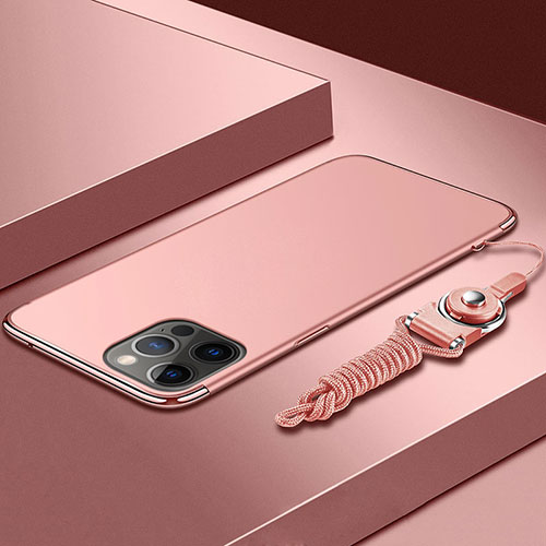 Luxury Metal Frame and Plastic Back Cover Case with Lanyard for Apple iPhone 13 Pro Rose Gold