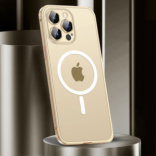 Luxury Metal Frame and Plastic Back Cover Case with Mag-Safe Magnetic JL2 for Apple iPhone 13 Pro Max Gold