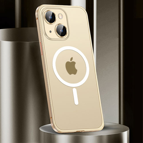 Luxury Metal Frame and Plastic Back Cover Case with Mag-Safe Magnetic JL2 for Apple iPhone 14 Gold