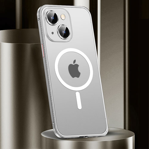 Luxury Metal Frame and Plastic Back Cover Case with Mag-Safe Magnetic JL2 for Apple iPhone 14 Silver