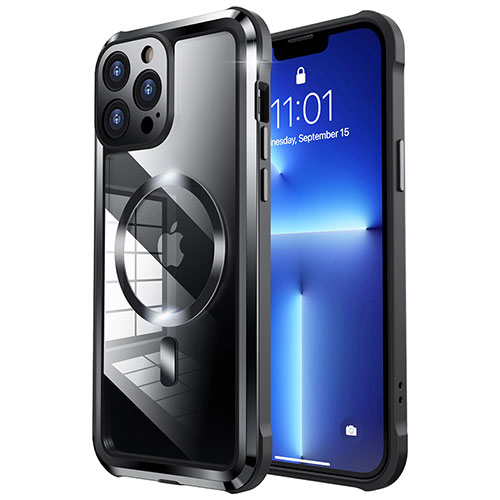 Luxury Metal Frame and Plastic Back Cover Case with Mag-Safe Magnetic LF2 for Apple iPhone 13 Pro Max Black