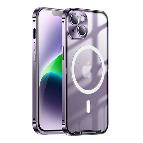Luxury Metal Frame and Plastic Back Cover Case with Mag-Safe Magnetic LK1 for Apple iPhone 14 Plus Purple