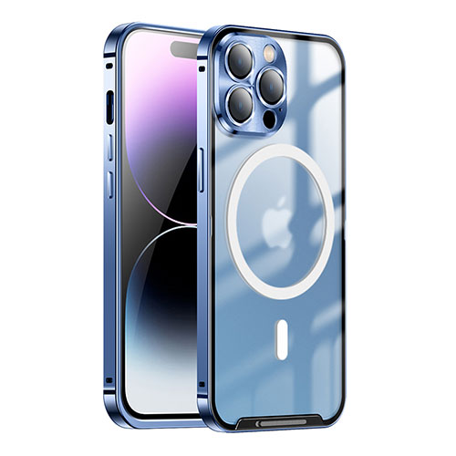 Luxury Metal Frame and Plastic Back Cover Case with Mag-Safe Magnetic LK1 for Apple iPhone 14 Pro Blue