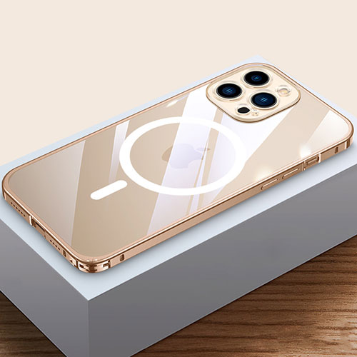 Luxury Metal Frame and Plastic Back Cover Case with Mag-Safe Magnetic QC4 for Apple iPhone 14 Pro Max Gold